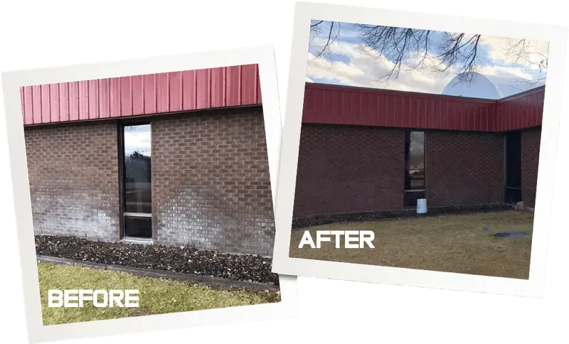 A before and after picture of a brick building