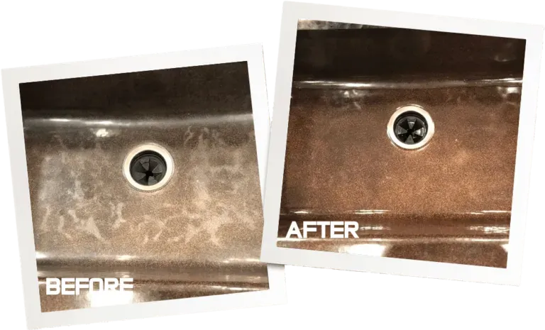 Two pictures of a sink before and after cleaning