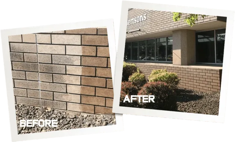 A before and after picture of a brick wall