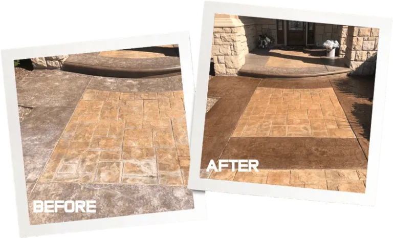 A before and after photo of a concrete walkway