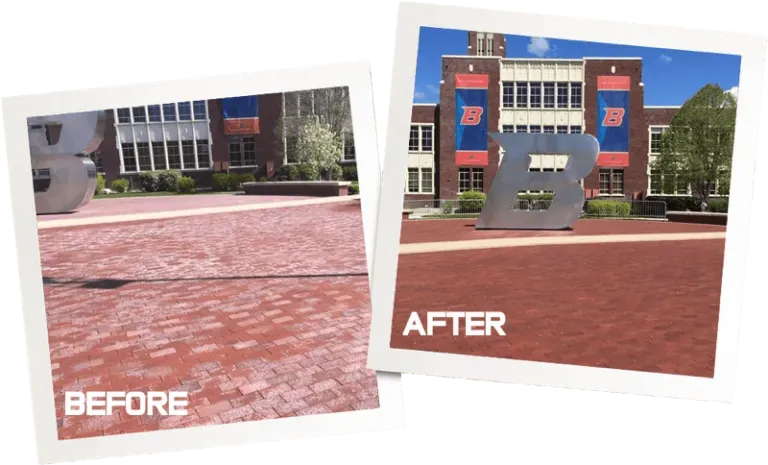 A before and after photo of a brick walkway