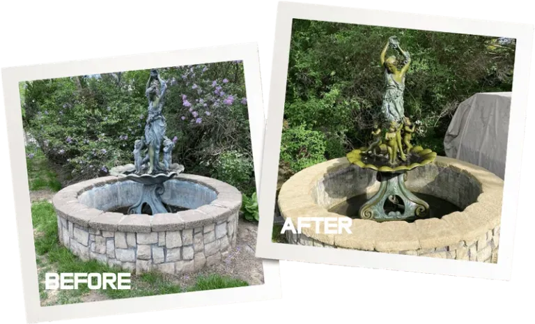 A before and after picture of a fountain in a garden