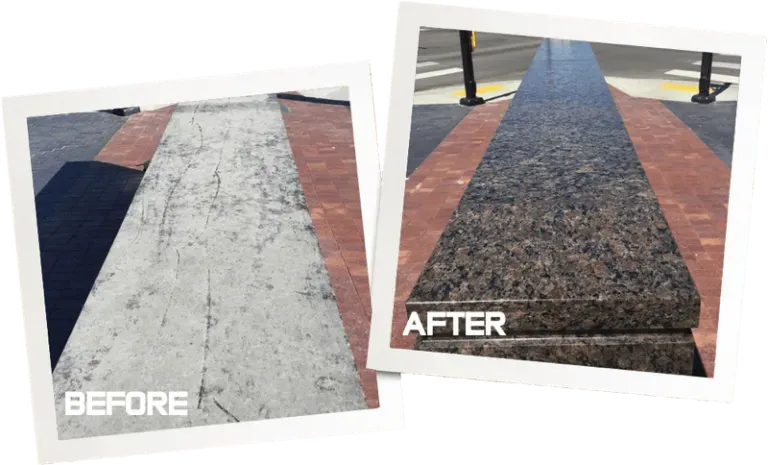 A before and after photo of a brick walkway