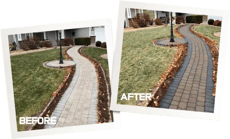 A before and after photo of a brick walkway