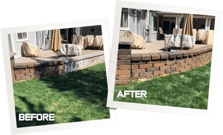 A before and after picture of a patio with a brick wall.