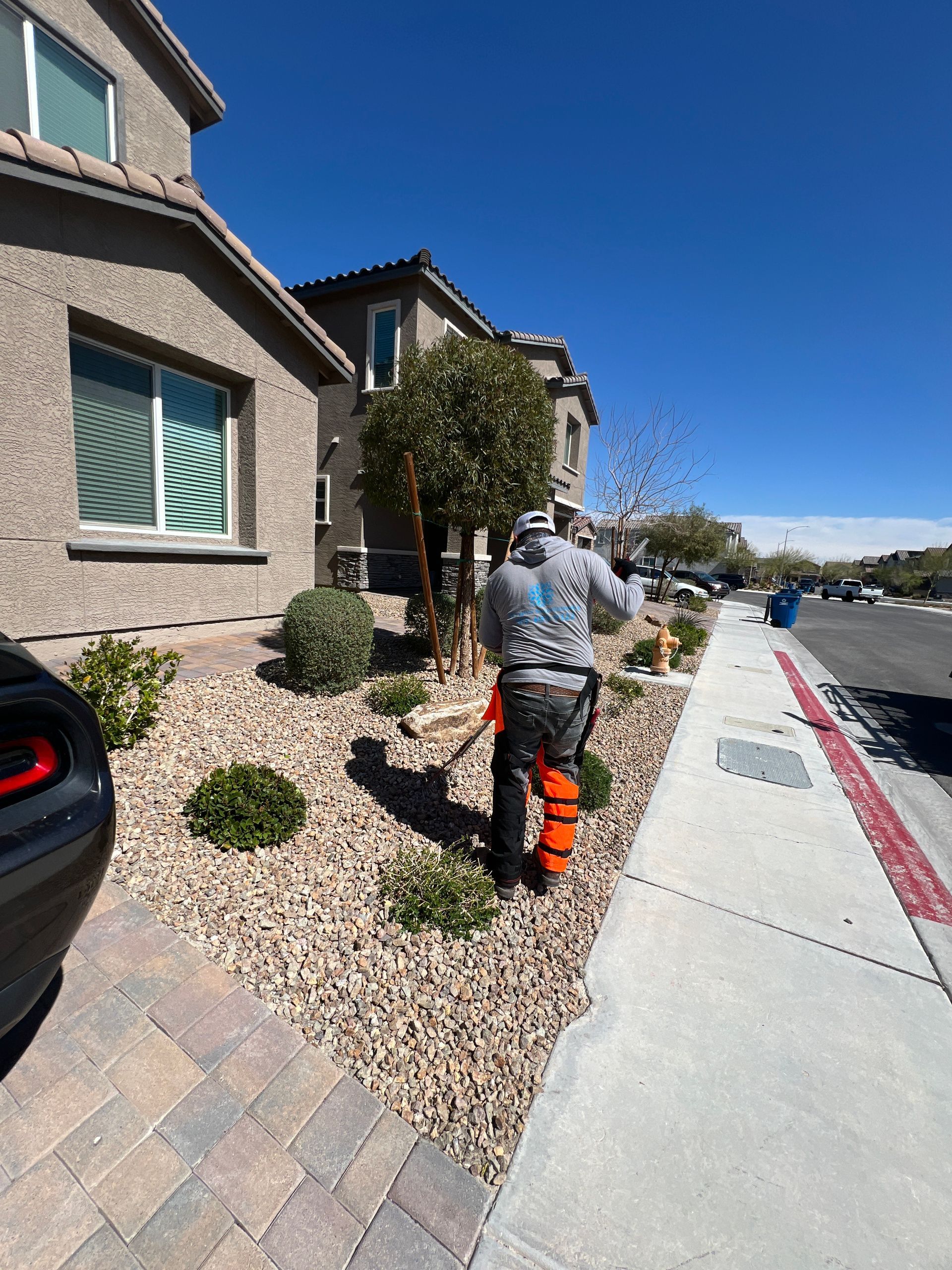 a man is standing on a sidewalk in front of a house .