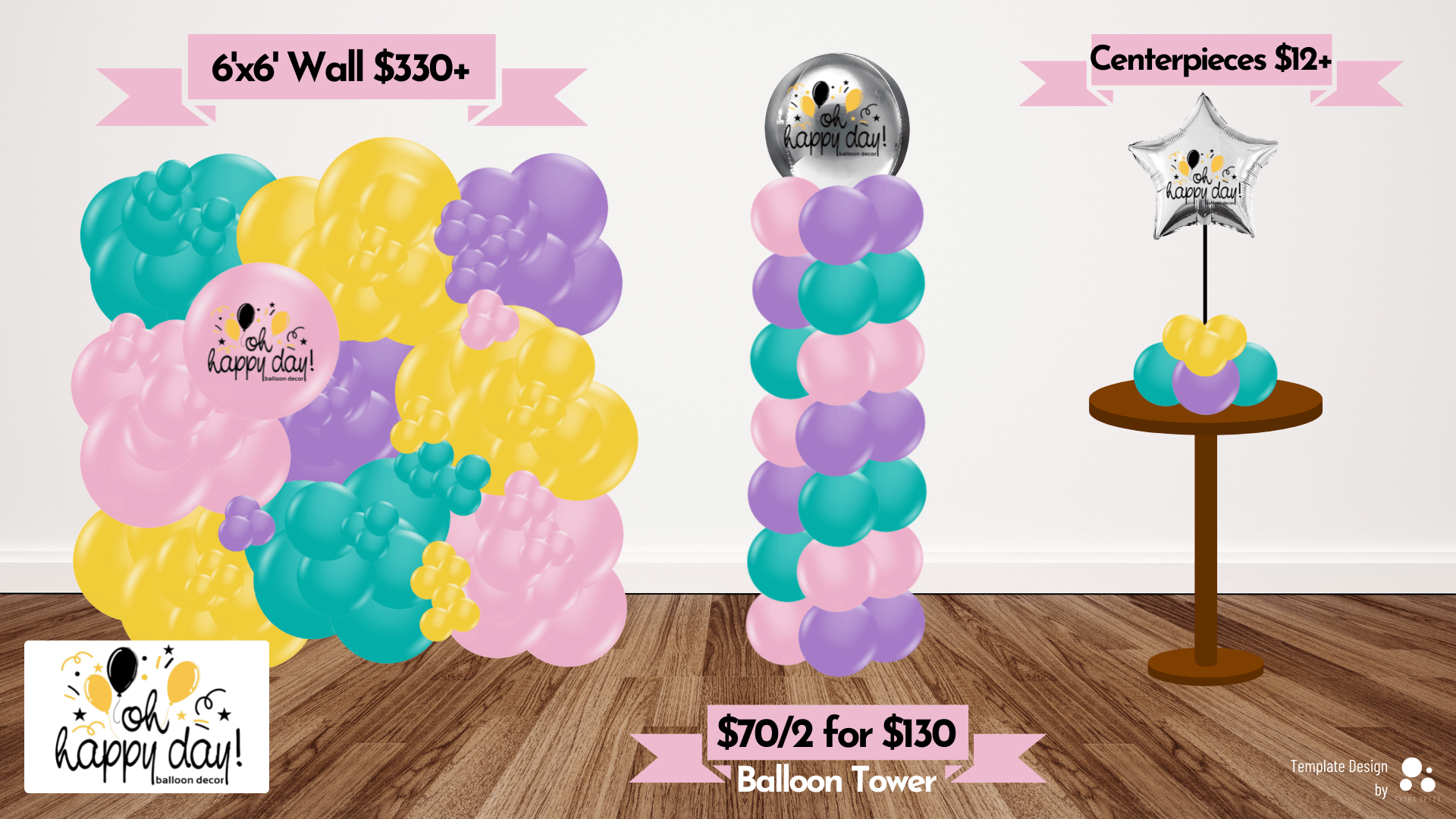 Balloon garland pricing guide 6x6 Wall: $330+ | Balloon Tower: $70/2 for $130 | Centerpieces $12+