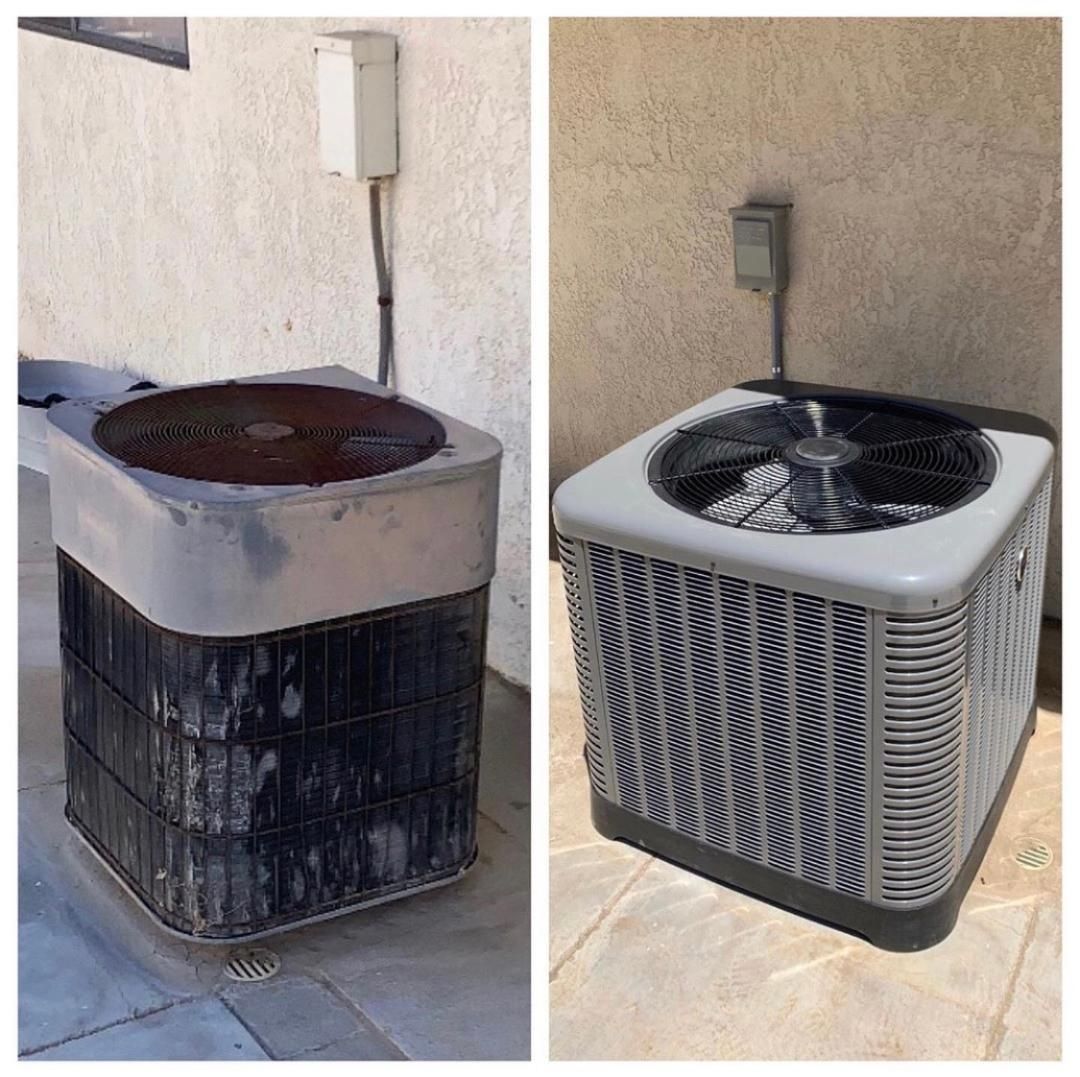 Two photos: A dirty, old AC unit next to a clean, newer AC unit.