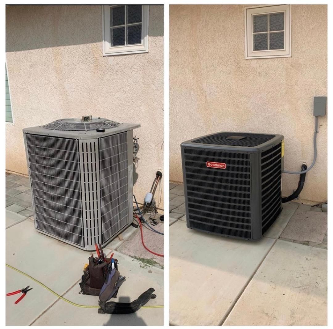 Two images of an air conditioning unit before and after replacement, situated outdoors against a stucco wall.