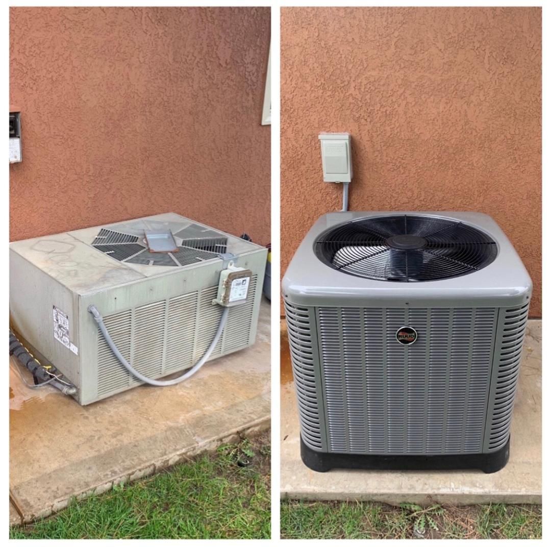 Comparison of old and new air conditioning units on concrete slab, against an exterior wall.