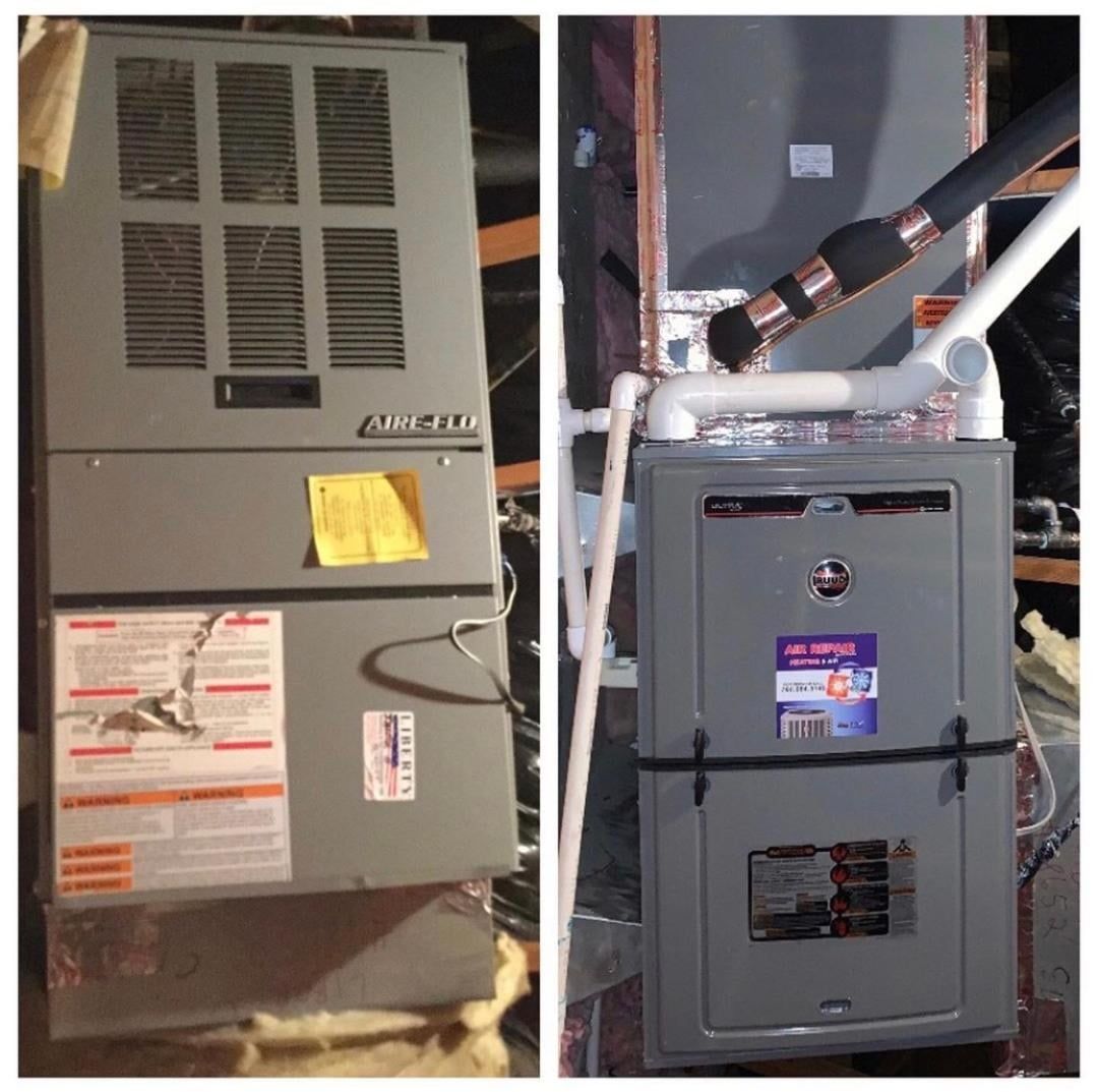 Comparison of two furnaces: old gray furnace vs. new gray furnace with labeled stickers, PVC piping, and metallic flex duct.