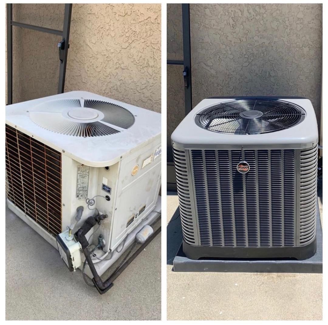 Before and after photos of an air conditioner unit; left is older and worn, right is newer and clean.