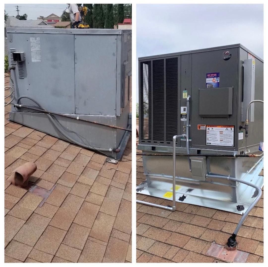 Two images side-by-side: old and new rooftop HVAC units on a brown shingle roof.