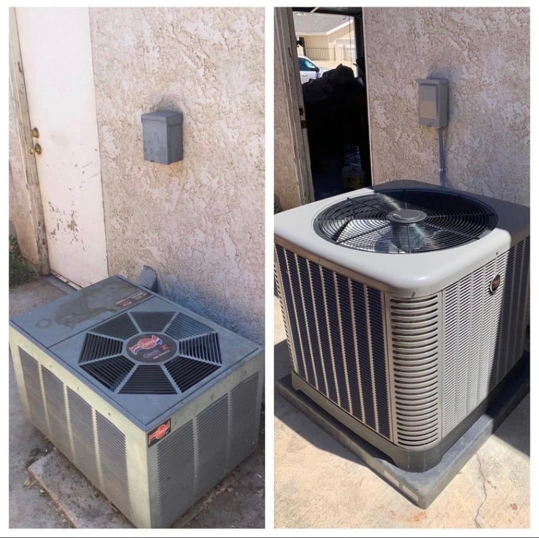 Two side-by-side photos of air conditioning units outdoors, one older and dirtier.