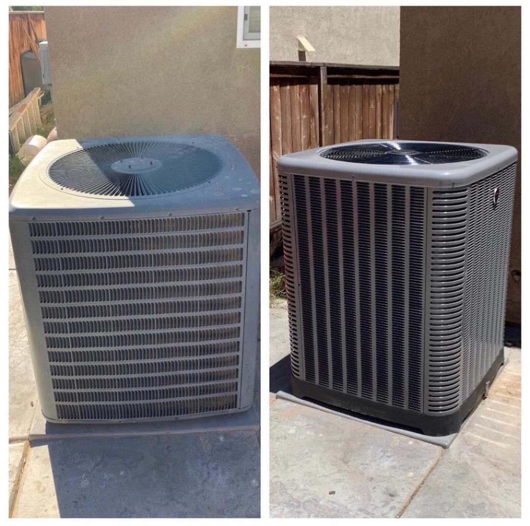 Two air conditioning units side-by-side, before and after cleaning. The