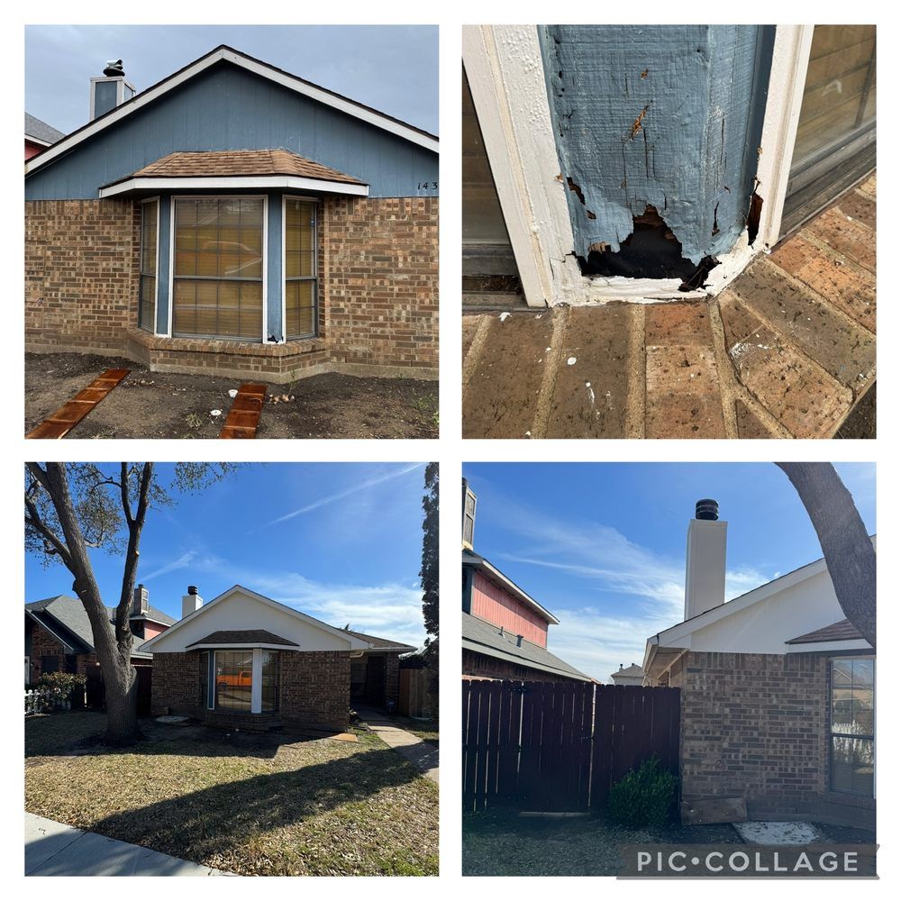 A collage of four pictures of a brick house
