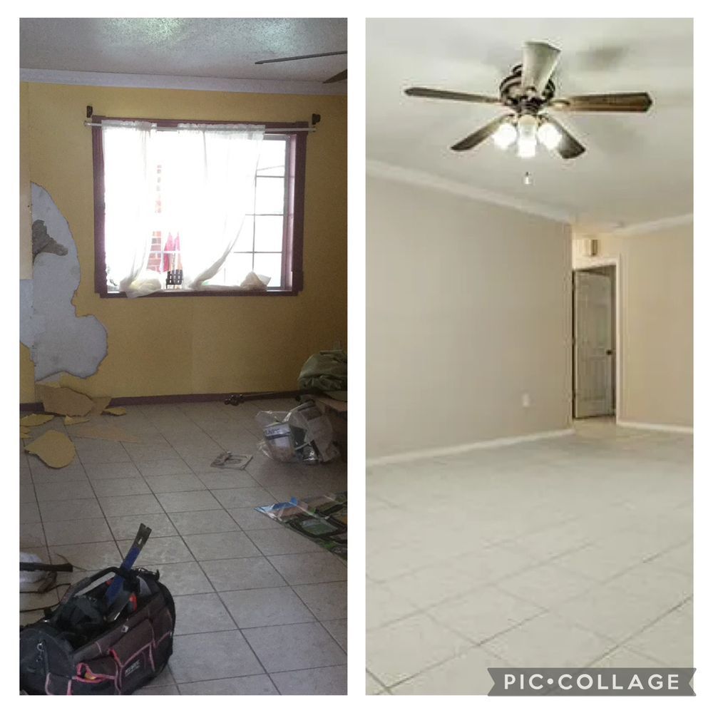 A before and after photo of a room with a ceiling fan