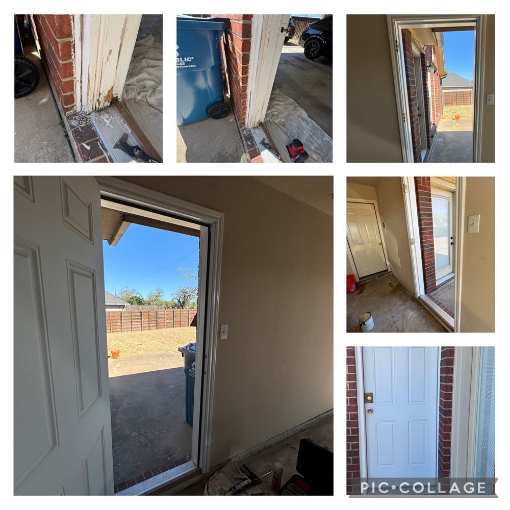 A collage of pictures of a door being repaired