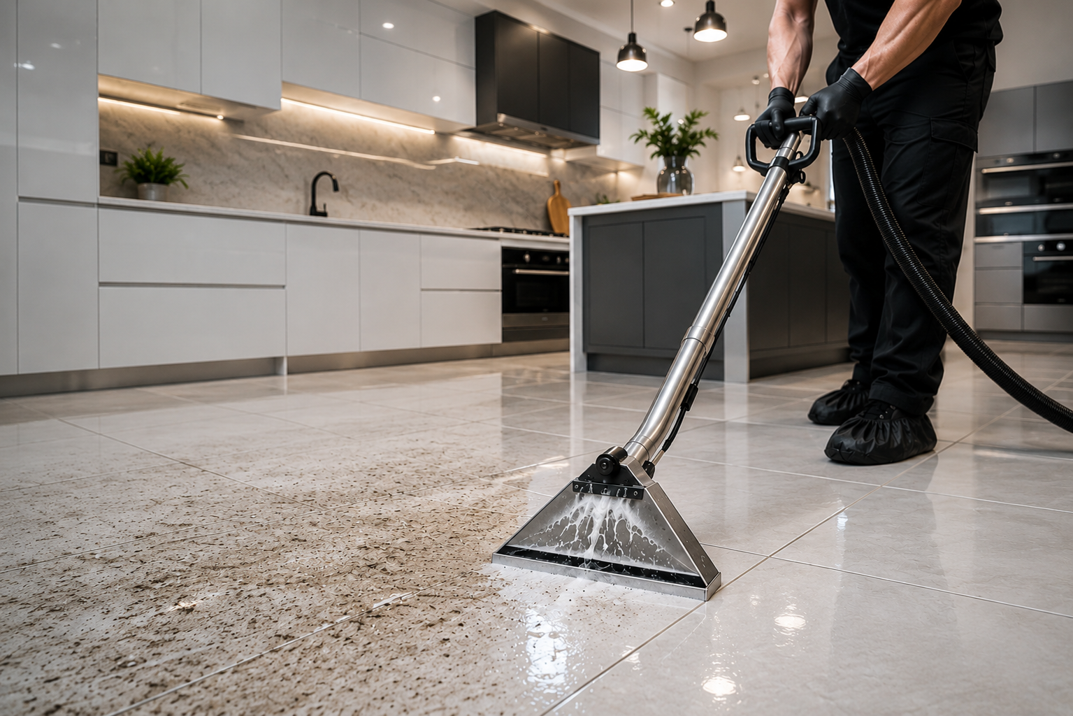 Person cleaning a kitchen floor with a carpet extractor, removing dirt from a wet white surface.