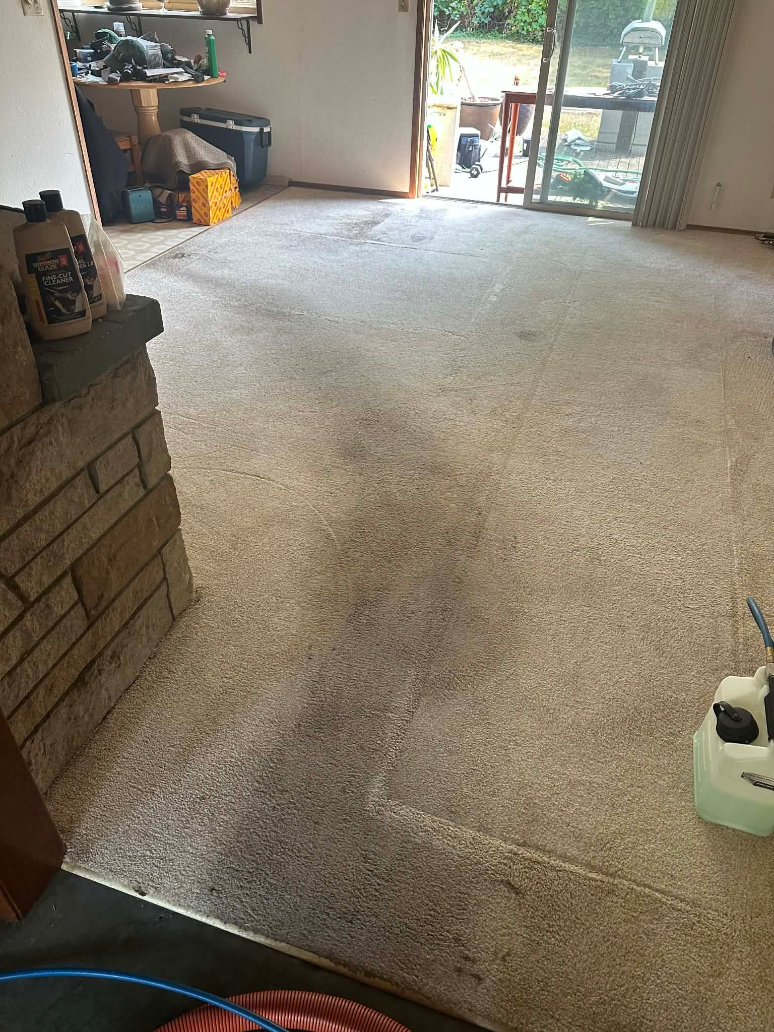 Carpeted living room with brick fireplace, open patio doors, and cleaning supplies on the floor.