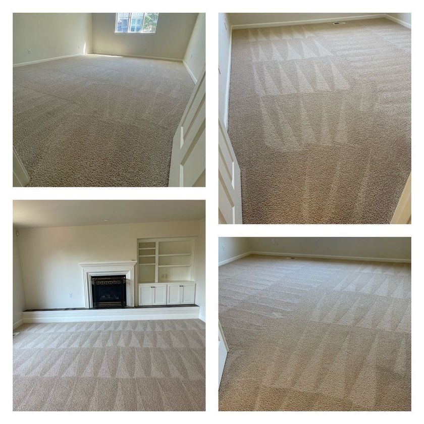 Collage of beige carpeted rooms with white walls, including a fireplace and built-in shelves.