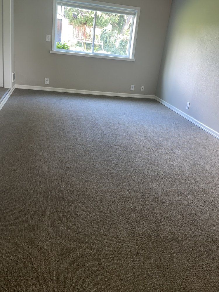 Empty beige carpeted room with gray walls and a window letting in daylight.