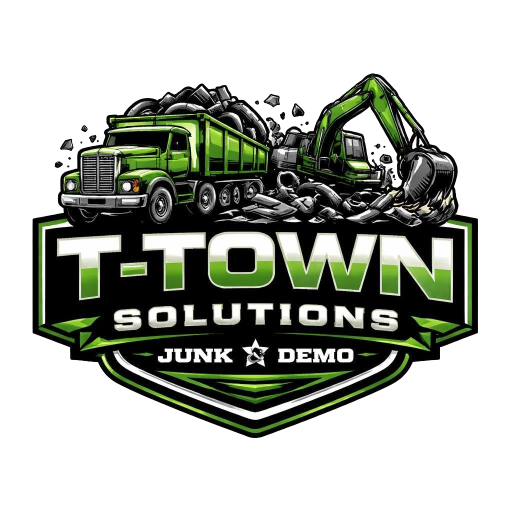 T-Town Solutions junk and demo logo with green dump truck and excavator hauling debris