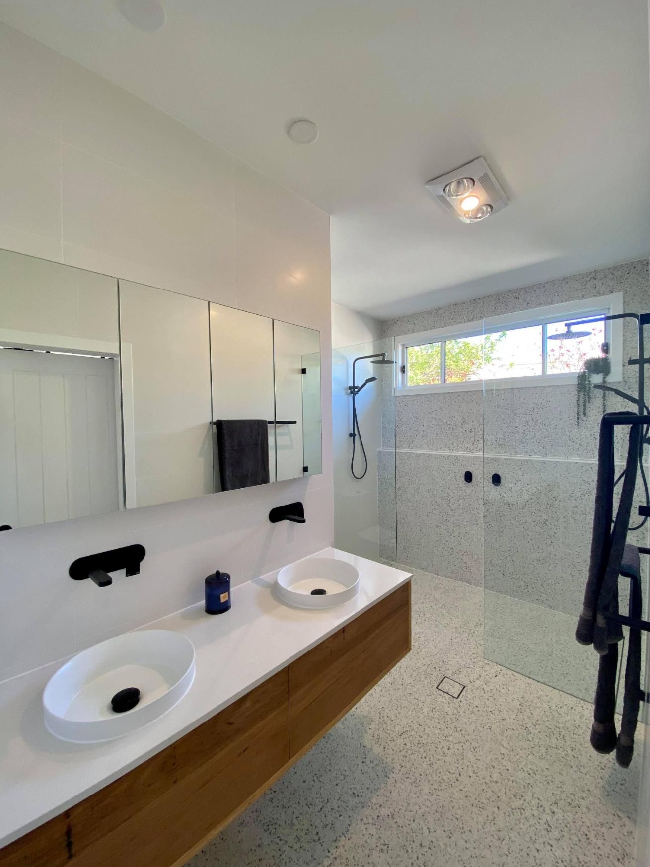 A Bathroom with Two Sinks and A Walk in Shower — Entire Trades in Maitland, NSW