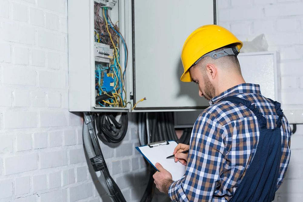 Professional Electrician With a Hard Hat Inspecting Wires In Electrical Box — Entire Trades in Port Stephens, NSW