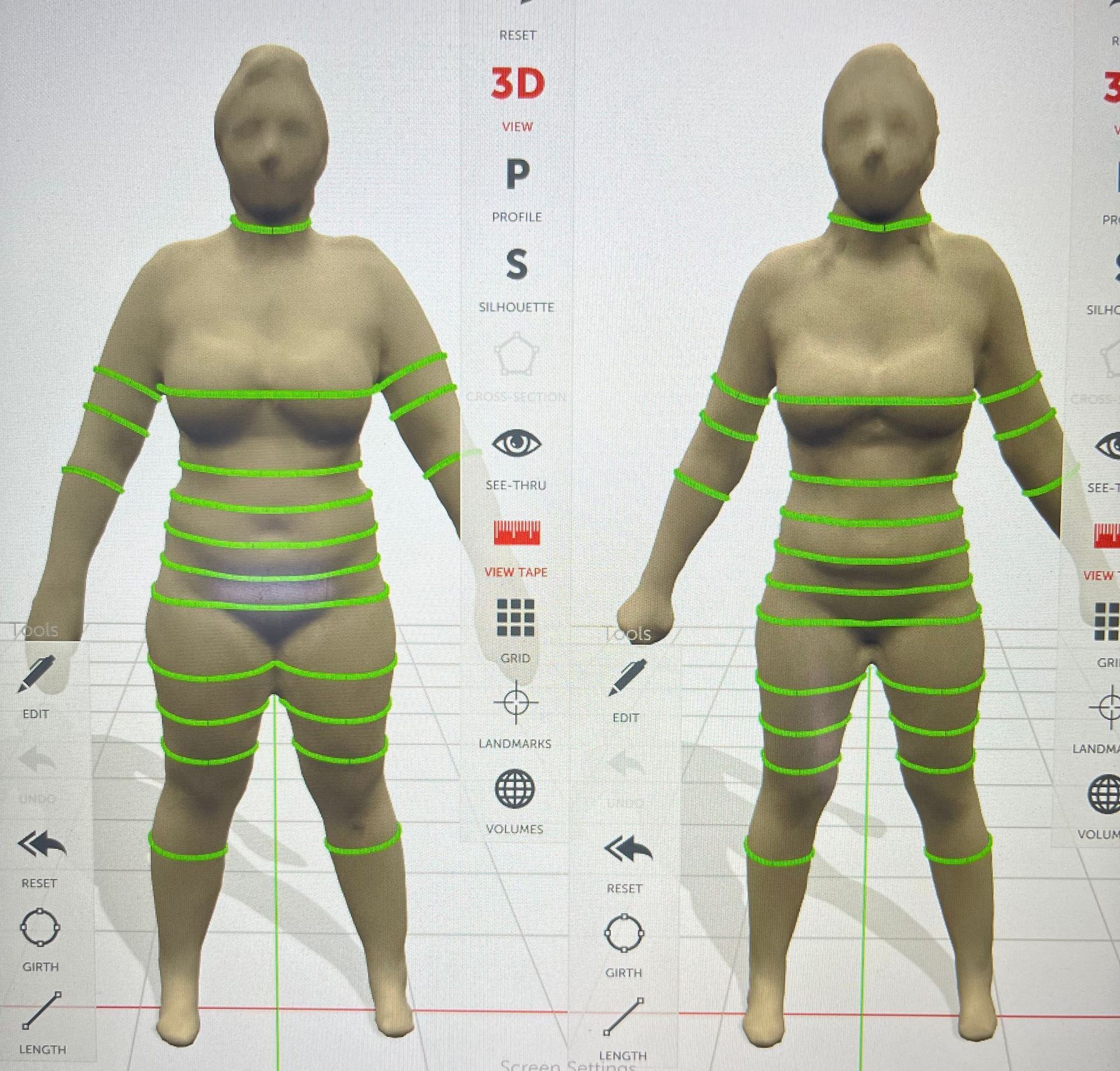 A 3d model of a woman with green lines around her body