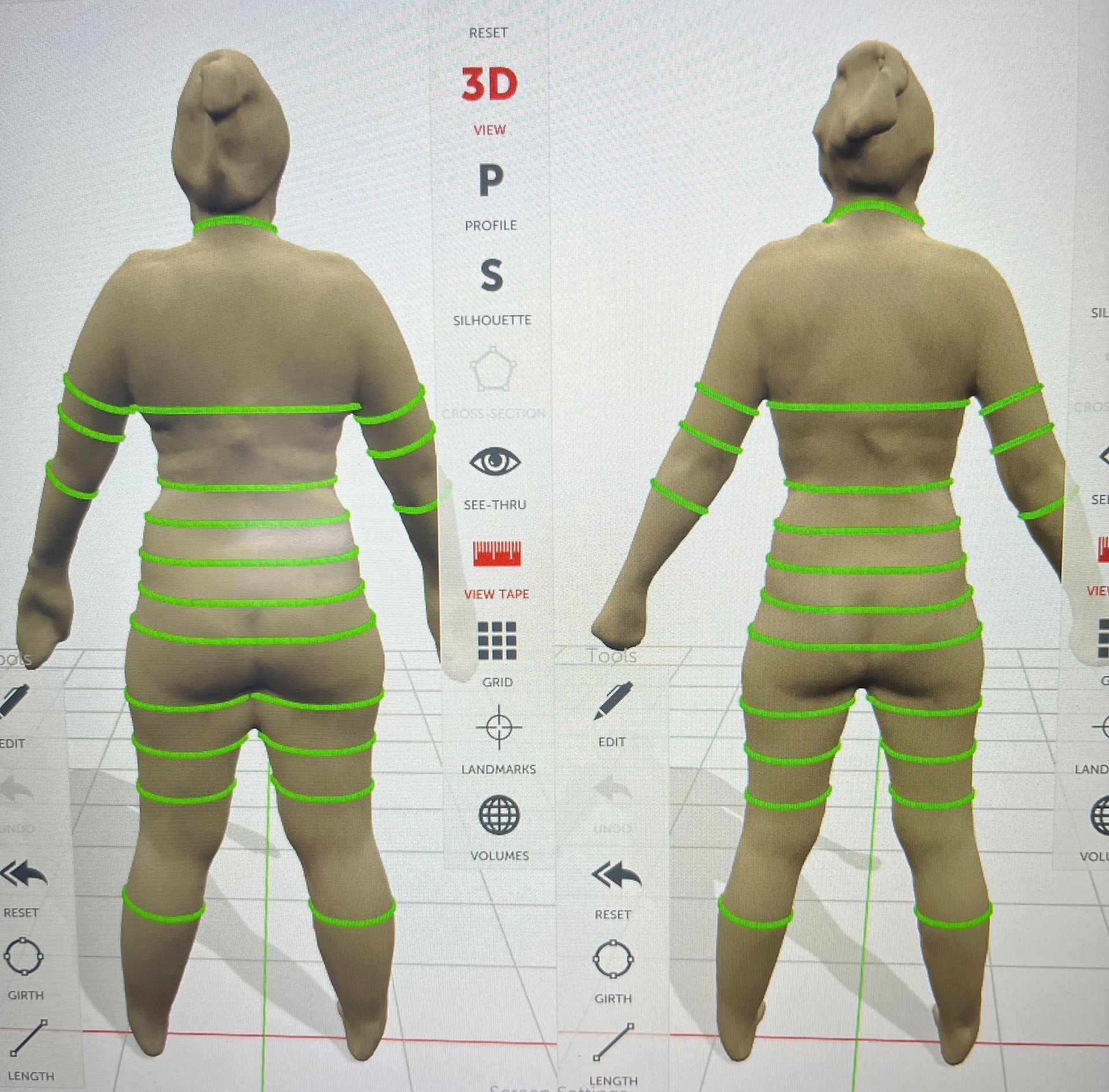 A 3d model of a woman with green lines around her body