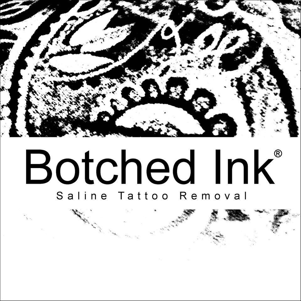 A black and white logo for botched ink saline tattoo removal