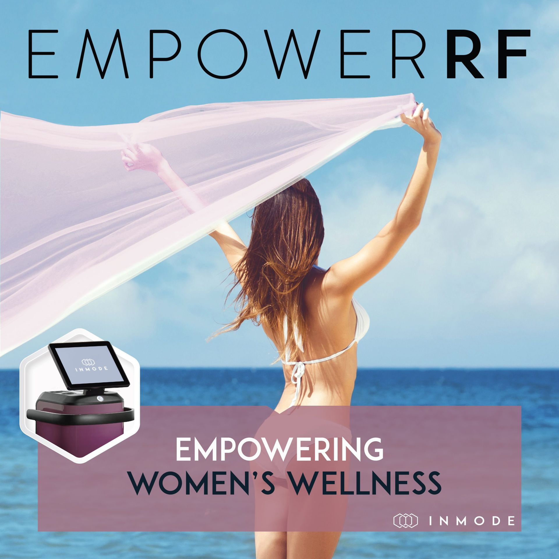 An advertisement for empowering women 's wellness with a woman in a bikini on the beach