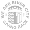 The logo for river city is gray and says `` we are river city giving back ''.