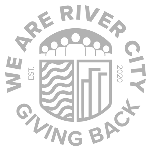 The logo for river city is gray and says `` we are river city giving back ''.