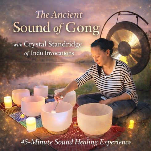 Woman playing crystal bowls, next to a gong, promoting a 45-minute sound healing experience.