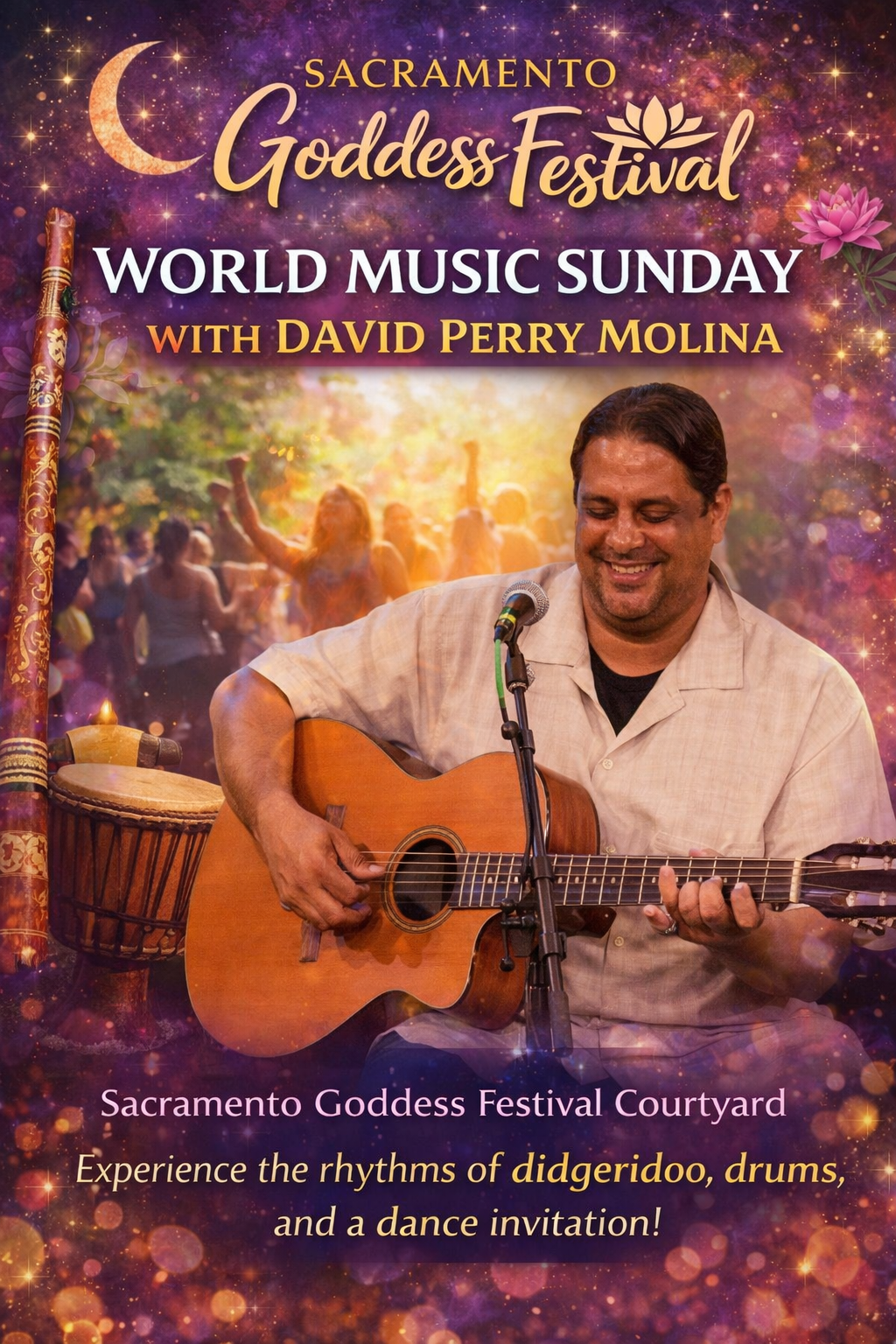A flyer for the Sacramento Goddess Festival featuring musician David Perry Molina playing guitar, with event details.