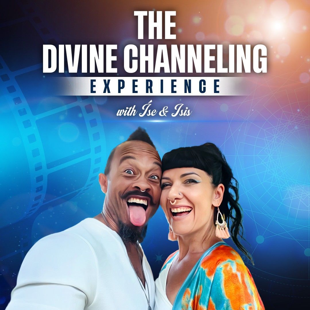 Podcast hosts, Ise & Isis, smiling and posing in front of a colorful backdrop with the podcast title “The Divine Channeling Experience”.