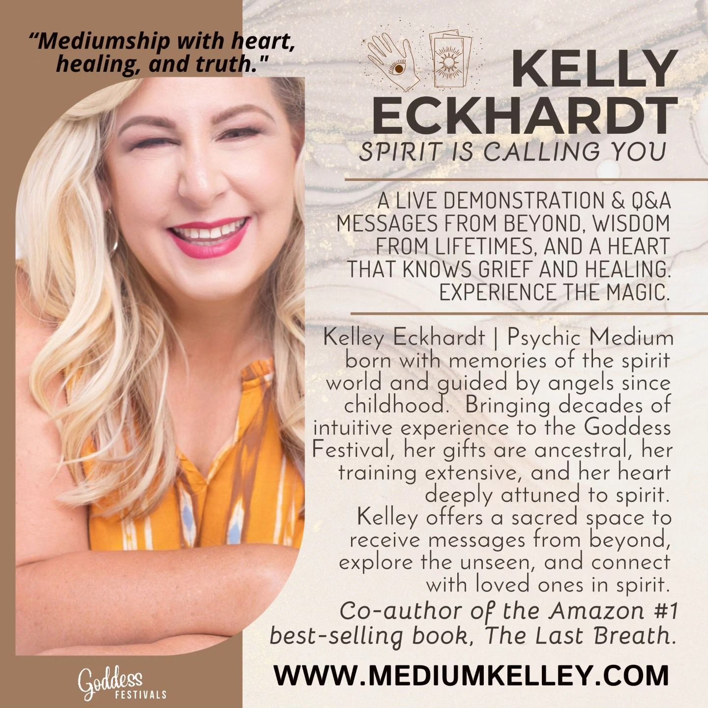 Advertisement for Kelly Eckhardt, a psychic medium. Smiling woman with blonde hair. Text details her services and website.