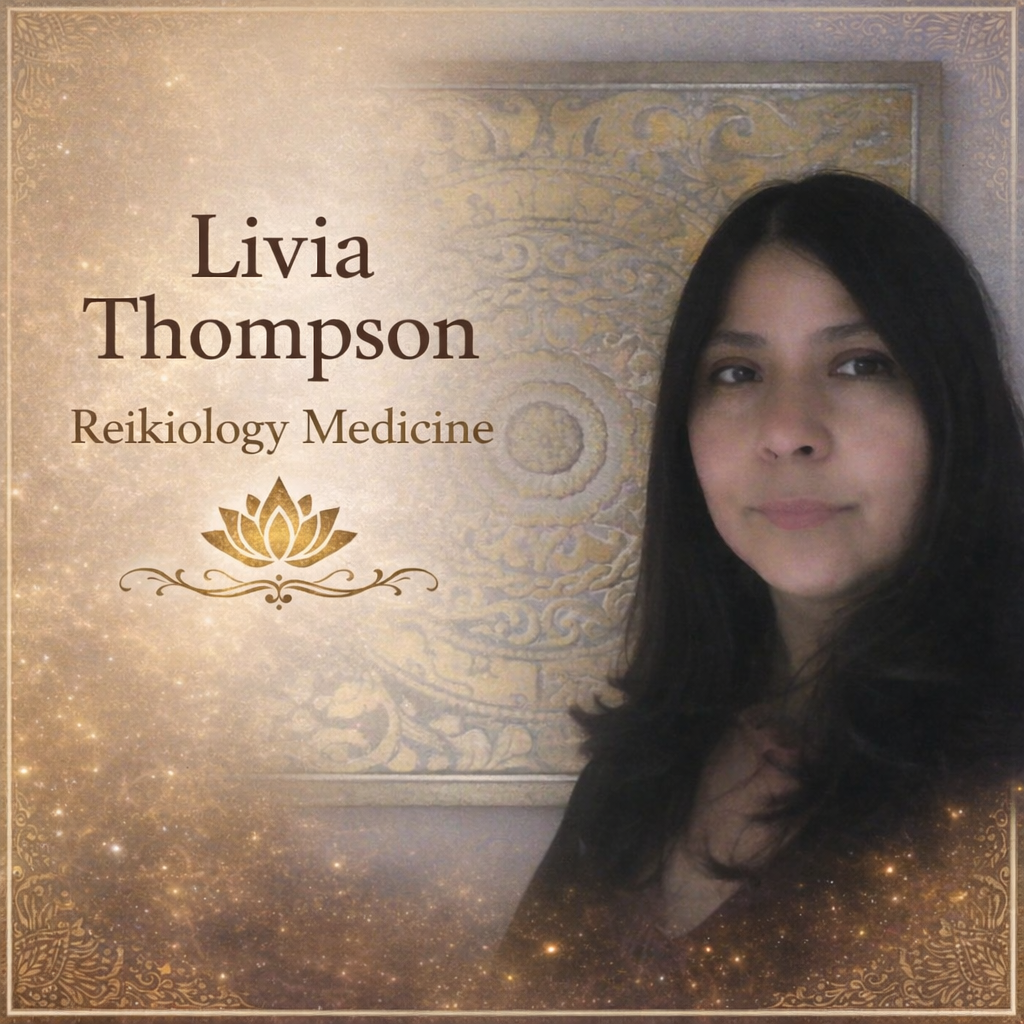 Livia Thompson, Reikiology Medicine practitioner, poses in front of a decorative background.