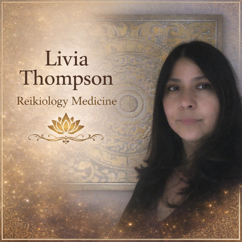 Livia Thompson, Reikiology Medicine practitioner. Woman in front of gold and beige background.