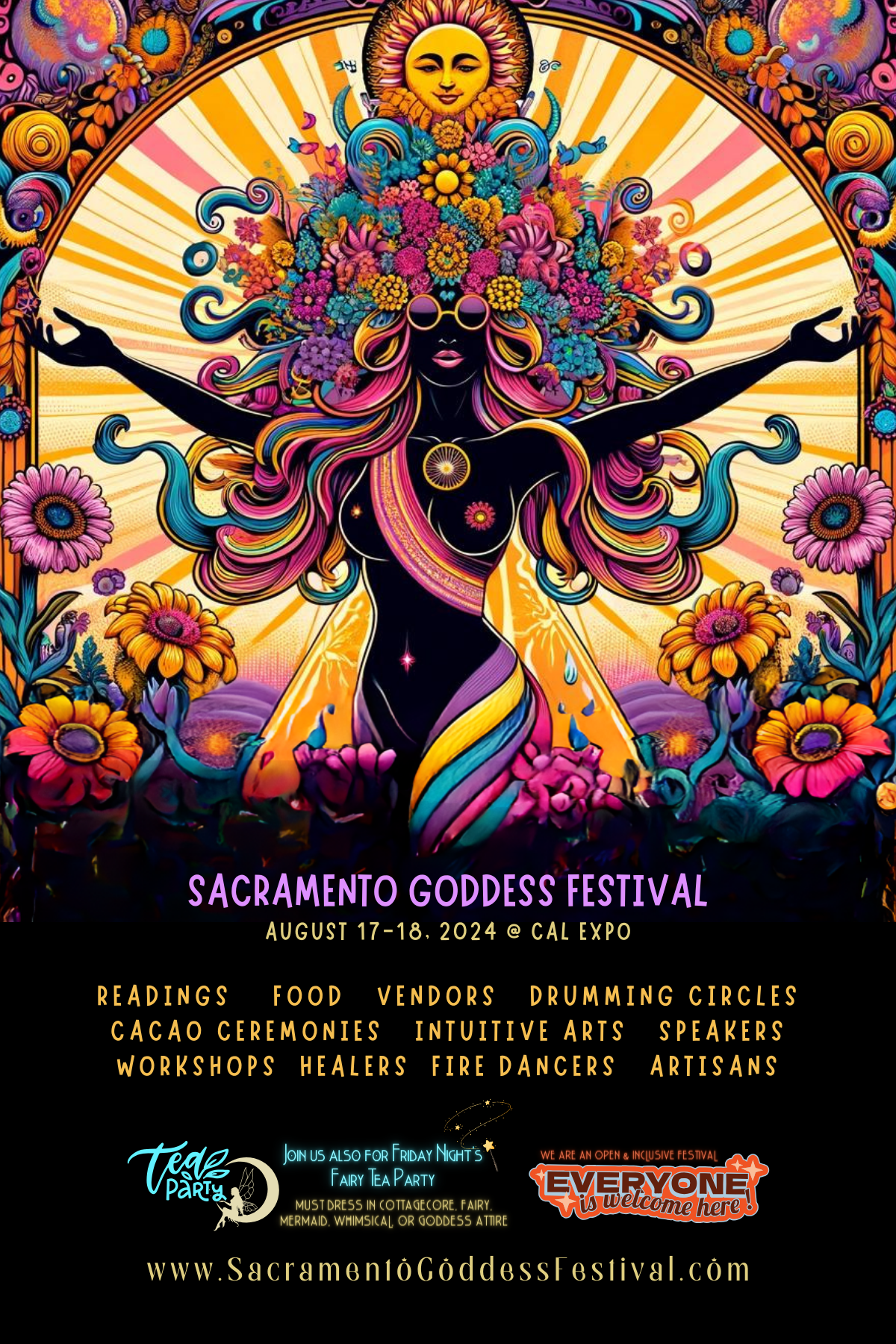 a colorful poster for the sacramento goddess festival
