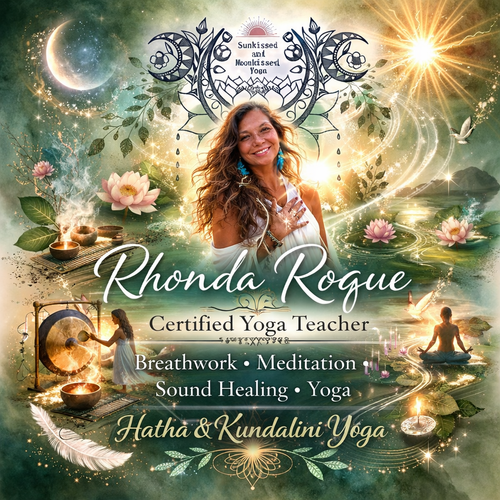 Rhonda Rogue, yoga teacher, with breathwork, meditation, sound healing & yoga surrounded by imagery of nature and spirituality.