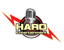 A logo for haro entertainment with a microphone and lightning bolt