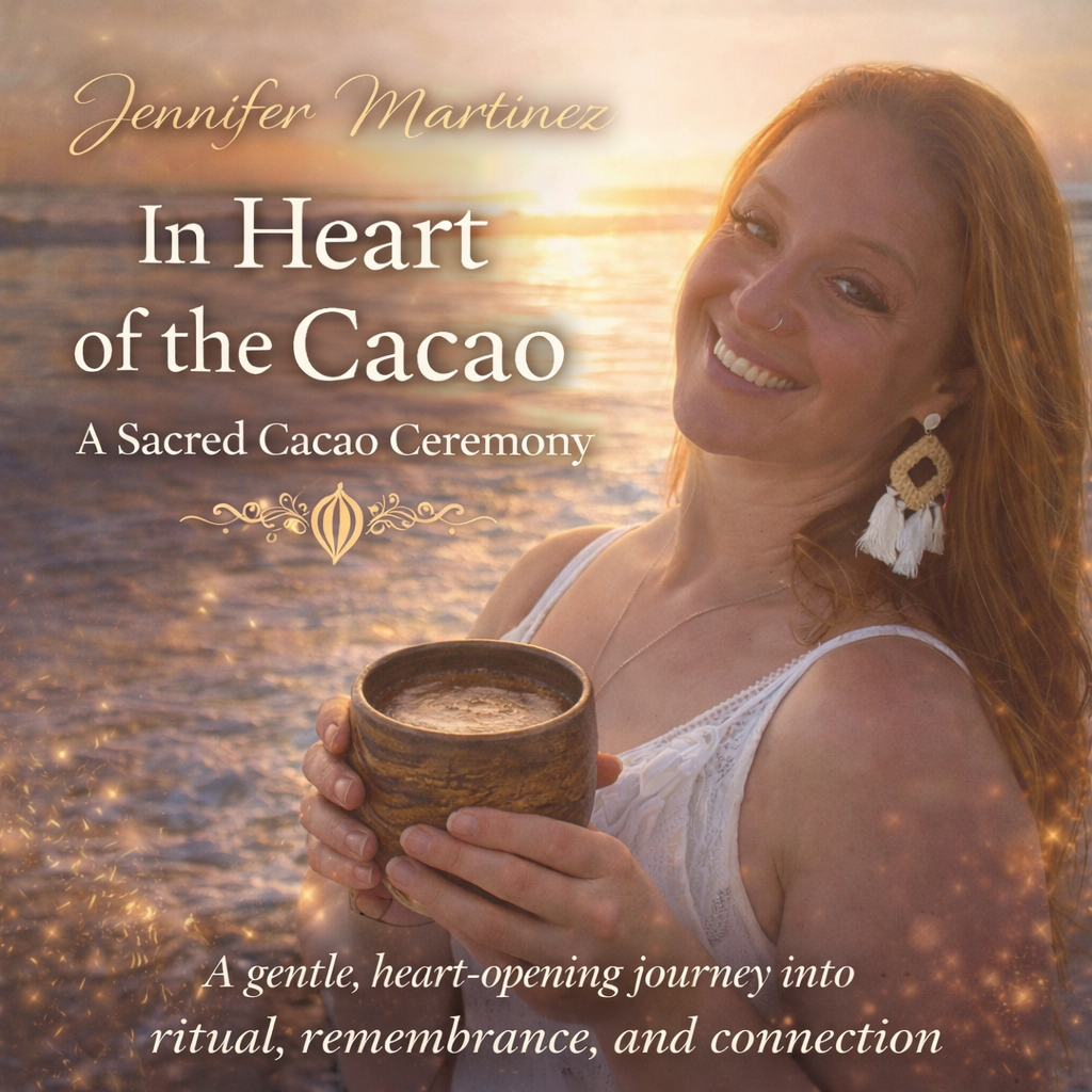 Woman holding cacao in a cup at the beach. Promotional graphic for 