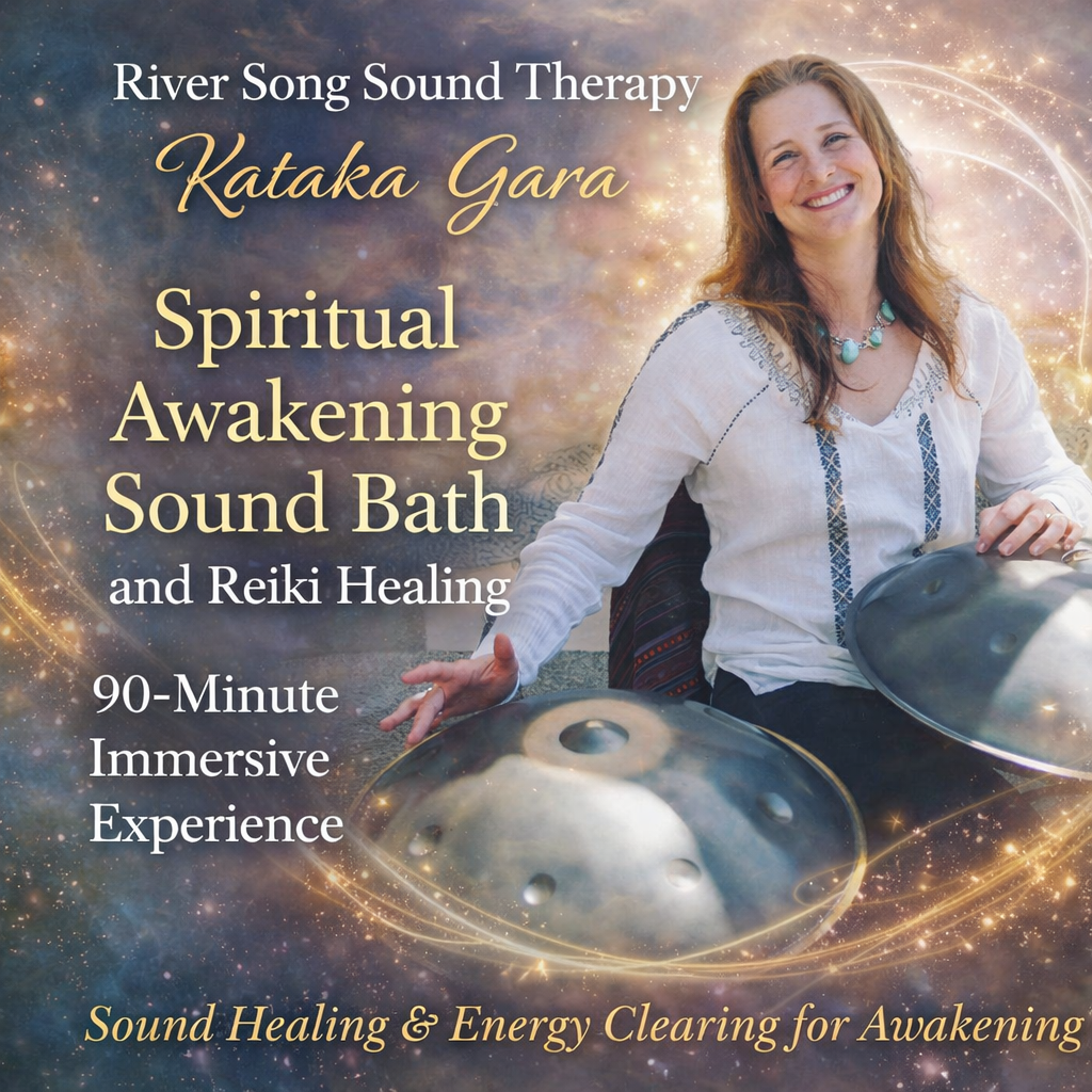 Woman playing a handpan, promoting a spiritual awakening sound bath and Reiki healing session.