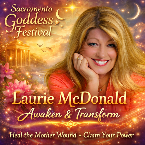 Promotional graphic for the Sacramento Goddess Festival featuring Laurie McDonald, with text 