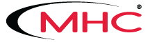 A red and black logo for mhc on a white background.
