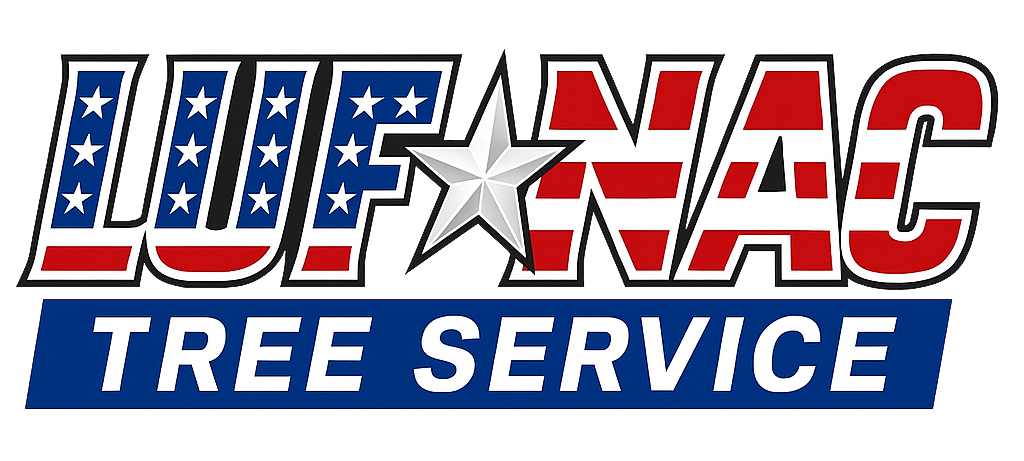 "Luf-Nac Tree Service logo with black text and American flags."