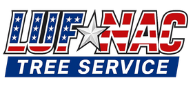 "Luf-Nac Tree Service logo with black text and American flags."